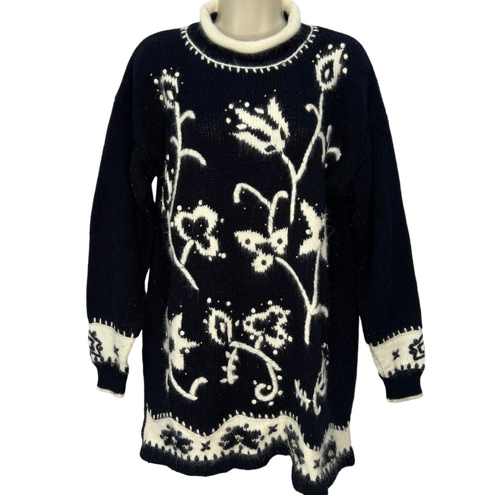 Vintage Dana Scott Tunic Mock Neck Sweater Size M Black Floral Beaded Wool